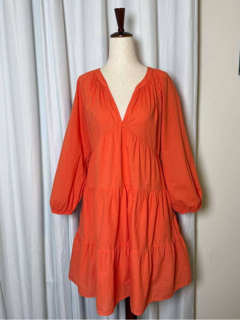 Xirena Nadia Mini Dress Small Orange Cotton Poplin Tiered Puff Sleeve Pockets